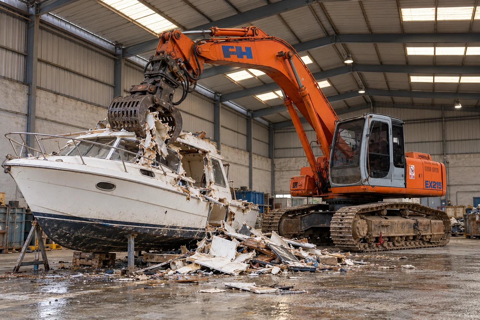AI-generated illustration of an orange excavator dismantling a boat with a hydraulic grapple inside an industrial warehouse